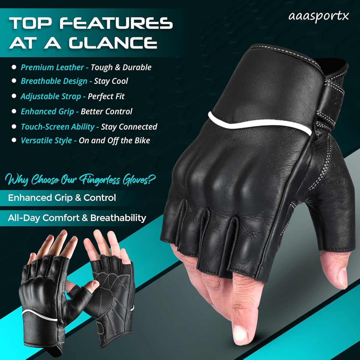 aasportx Motorcycle Gloves - Men's Leather Motorbike Gloves with Touchscreen Function - Non-Slip Pads for Men & Women