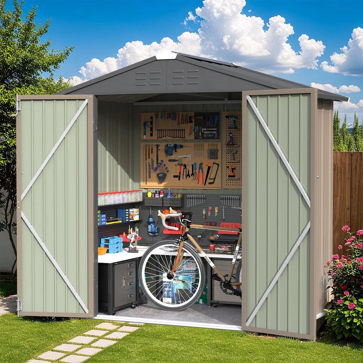 Greesum 6×4FT Outdoor Storage Shed, Metal Patio Storaged Sheds with Lockable Doors, Sheds & Outdoor Storage for Bike, Backyard, Pool and Garden, Brown
