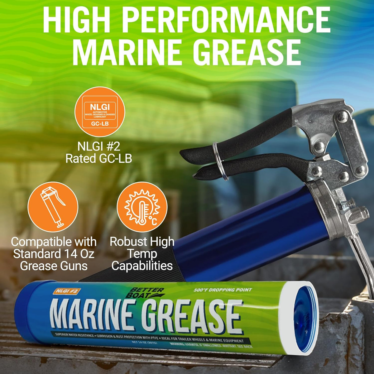 Better Boat Marine Grease Tube, 14 Oz, Waterproof High Temp Trailer Bearing Lubricant, NLGI 2, Compatible with Grease Guns