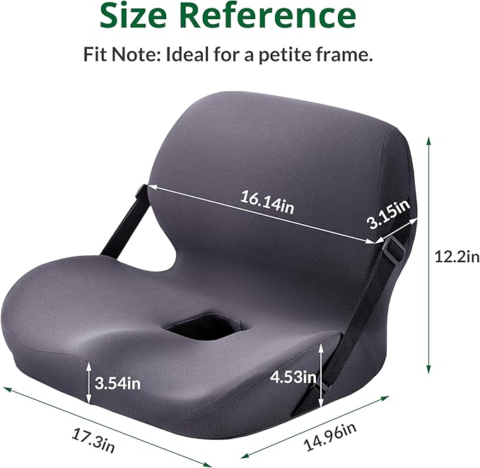 One-Piece Memory Foam Seat & Back Cushion - Lumbar Support, Adjustable Strap, Non-Slip Bottom - Breathable Removable Cover for Office Chair, Car, Truck (Grey)