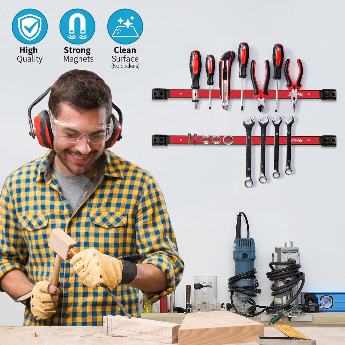 6 Pieces 18" Magnetic Tool Holder Strip, Red Magnet Bar, Metal Tool Organizer Rack for Garage Organization, Easy To Install in Workshop, Mounting Screws Included