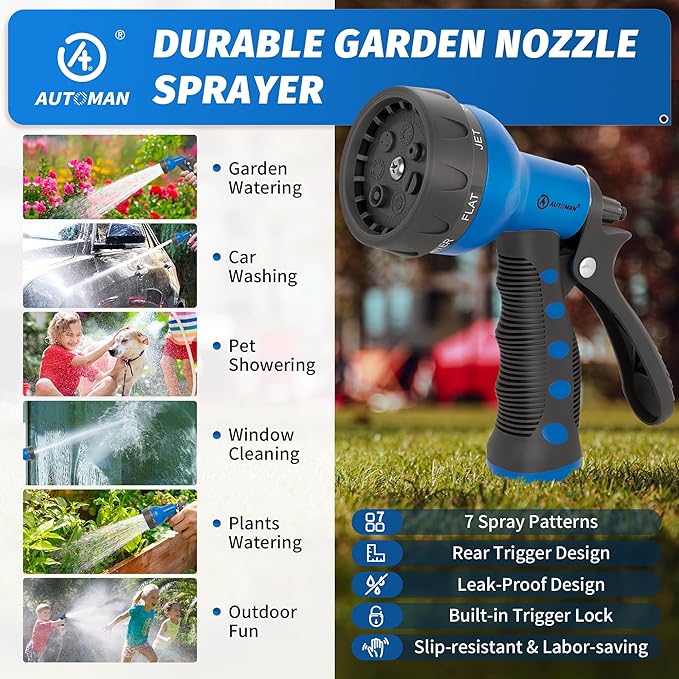 AUTOMAN-Garden-Hose-Nozzle,ABS Water Spray Nozzle with Heavy Duty 7 Adjustable Watering Patterns,Slip Resistant for Watering Plants,Lawn& Garden,Washing Cars,Cleaning,Showering Pets - Blue