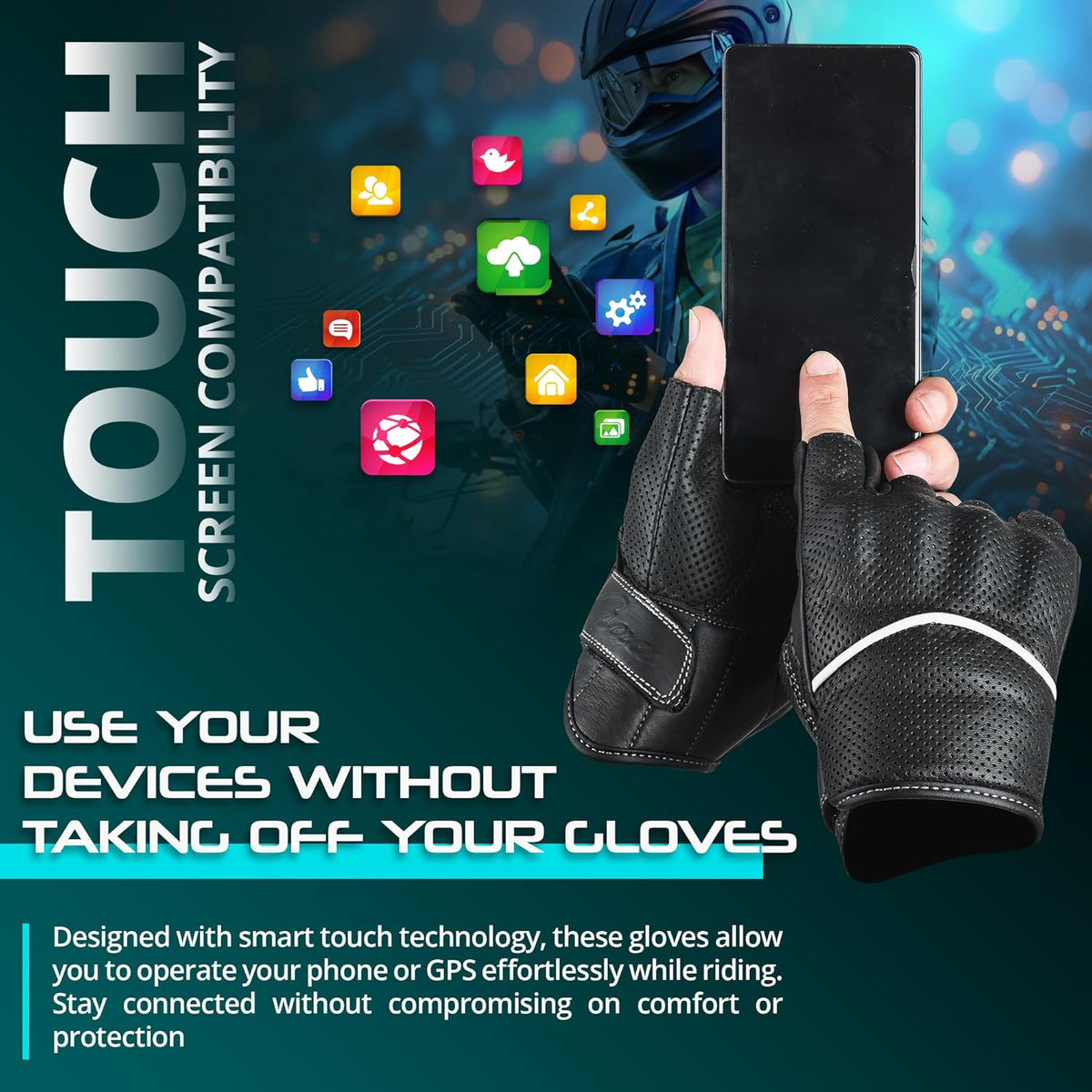 aasportx Motorcycle Gloves - Men's Leather Motorbike Gloves with Touchscreen Function - Non-Slip Pads for Men & Women