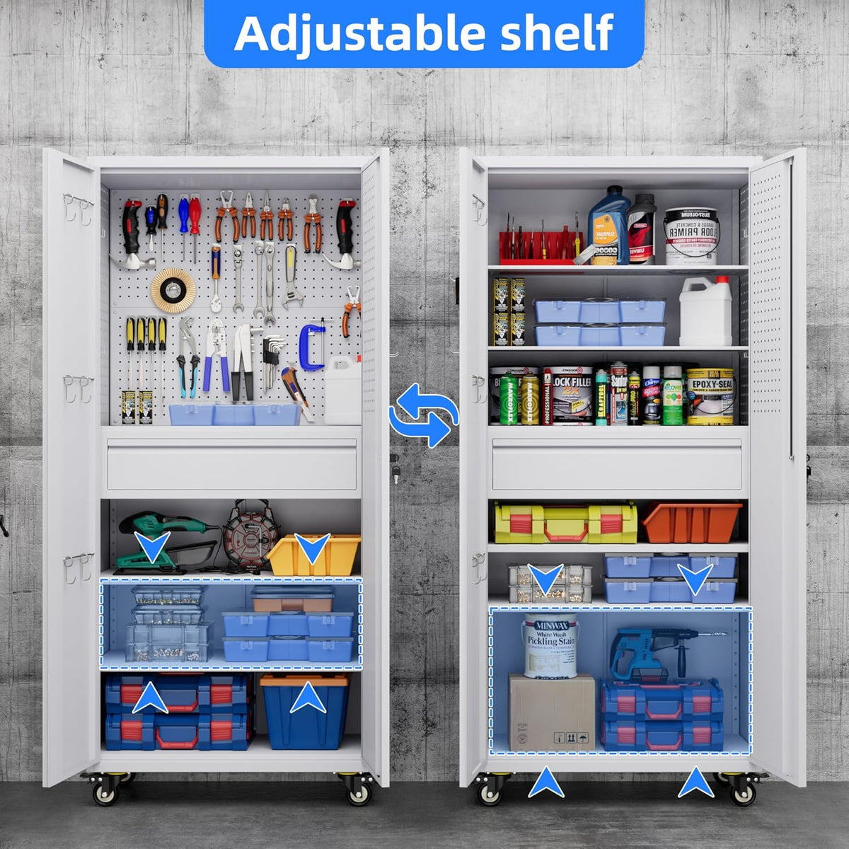 71" H Garage Storage Cabinet with Locking Doors and 2 Adjustable Shelves, Metal Tool Storage Cabinet with Wheels, Drawer, Pegboard and 16 Hooks for Garage, Warehouse, White