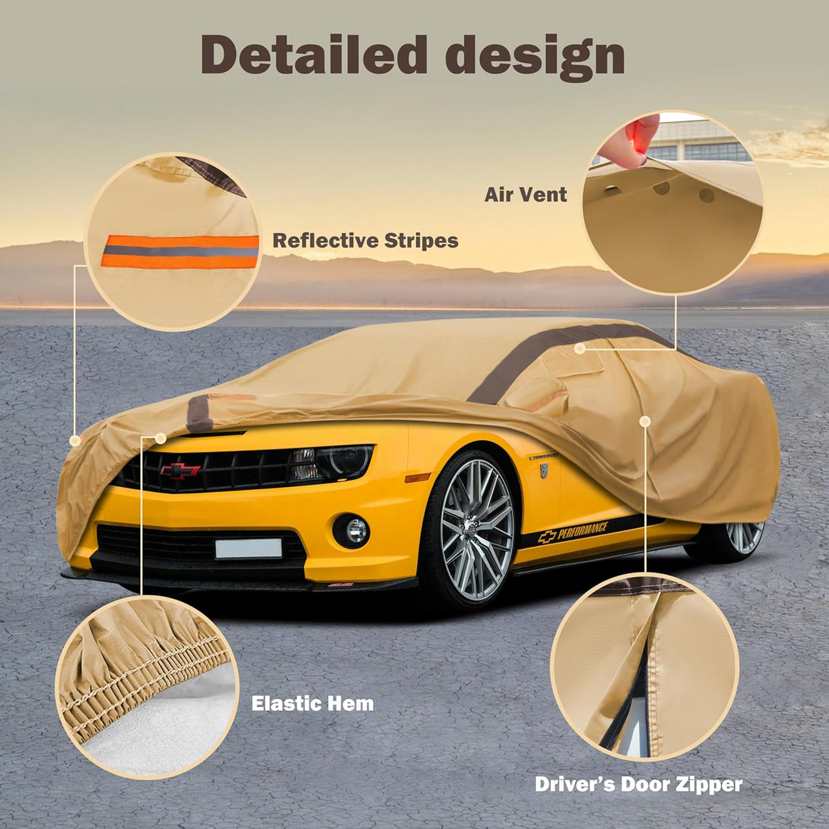 Camaro Car Cover Waterproof All Weather Compatible with Chevy Camaro, Outdoor Anti-UV Sun Rain Protection Full Exterior Cover (Camel with Brown)