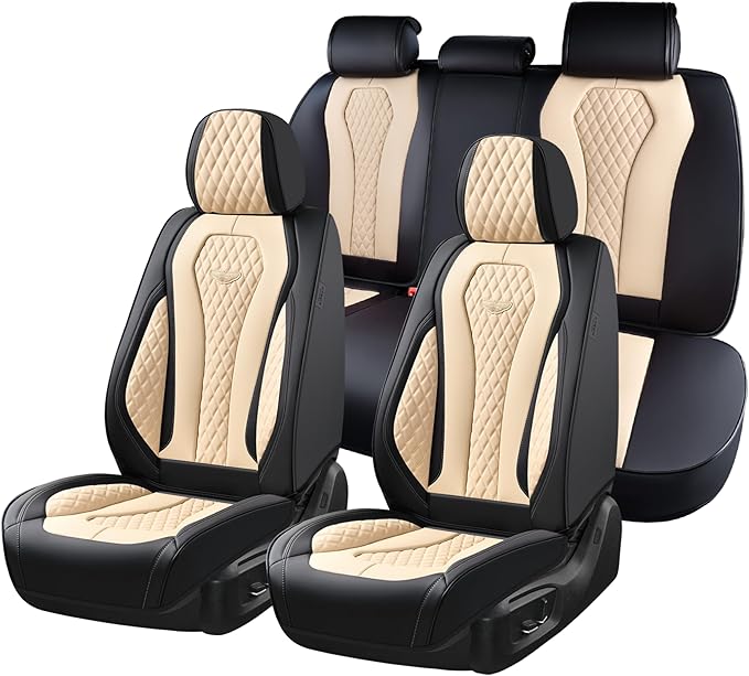 Coverado Car Seat Covers, Leather Seat Covers Full Set, Beige Seat Covers, Car Seat Cushion, Driver Car Seat Covers, Waterproof Car Seat Protector Fit for Most Cars