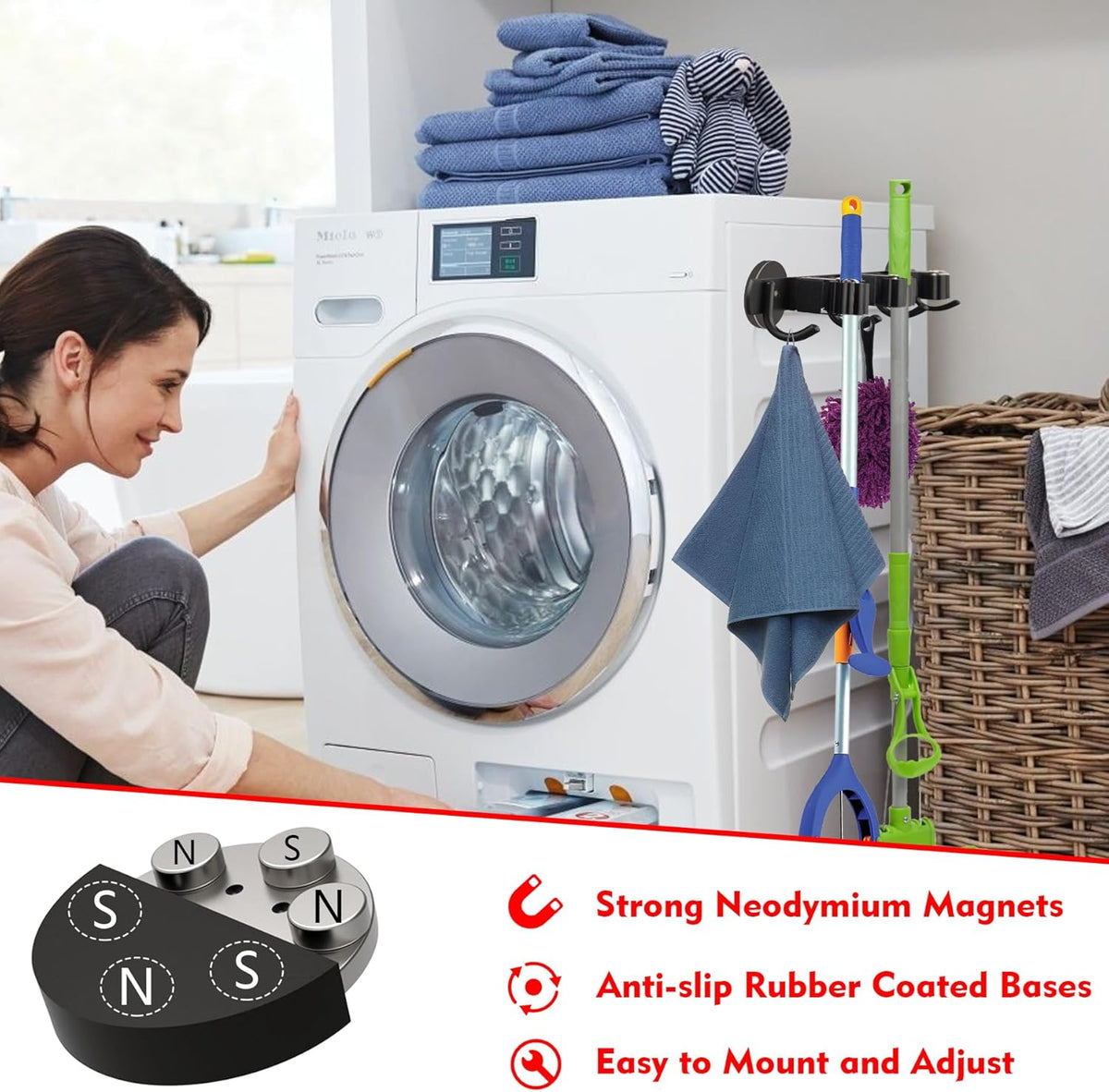 MUTUACTOR Heavy Duty Magnetic Broom Holder, 1PCS Mounting Broom and Mop Hanger, Anti-slip Black Magnetic Tool Holder 3 Slots and 4 Hooks for Fridge, Metal Door, Garage, Work Station