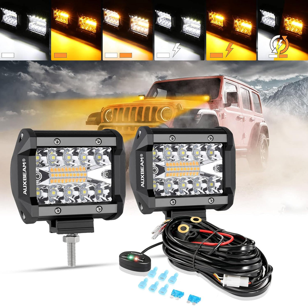 Auxbeam 4 Inch LED Pods Strobe Pod Light Bar, 120W Amber White 6 Modes Fog Light Spot Offroad Driving Lights, 12000LM Triple Row Memory Function with Wiring Harness Kit - 2 Pack