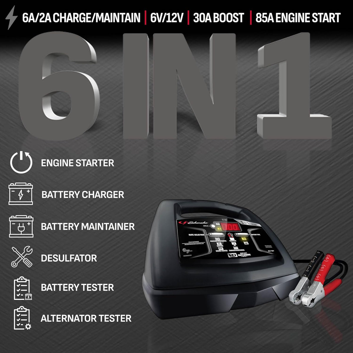 Schumacher Electric 6A Battery Charger and 85A Engine Starter, 6-in-1 Solution for 6V/12V Batteries, Maintainer, 30 Amp Boost, SC1307, for Power Sport, Car, Truck, and Marine Batteries