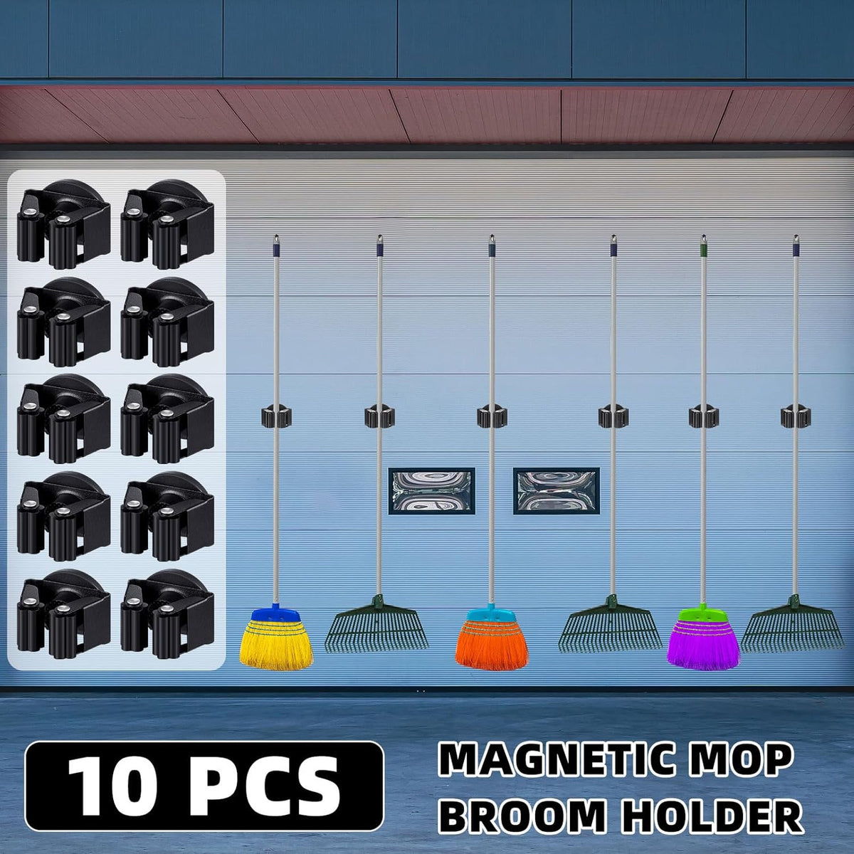10 Pcs Magnetic Mop Broom Holder Movable Magnetic Broom Holder Rack, Anti Slip Wall Mounted Utility for Cleaning Tools, Garage, Kitchen, Laundry, Garden (Black)