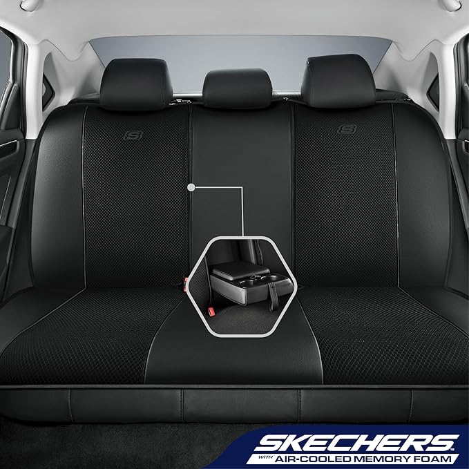 Skechers Air-Cooled Memory Foam Seat Covers,Mesh Thick Car Seat Covers,Piping Leather Car Seat Cover,Airbag Compatible,Automotive Comfort for Most Cars, Vans, Trucks, SUV(Black, Full Set)