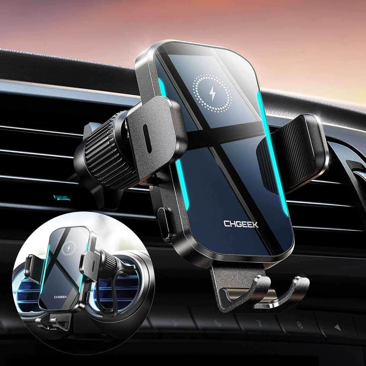 CHGeek 15W Wireless Car Charger – Auto-Clamping Qi Fast Charging Vent Mount with LED Light; Compatible with iPhone 13-16 & Samsung S22-S24 (Light Black)