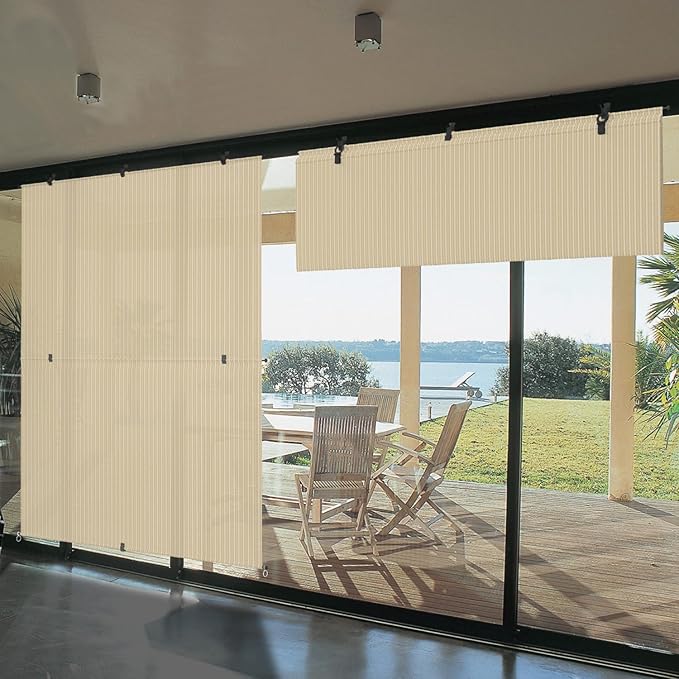 Bynbbur 7'W x 5.5'H Outdoor Patio Shades Foldable Roller Blinds, 220 GSM Sun Shade Roll Up Porch Screens Exterior Shade Cloth for Deck Pergola Backyard, Beige