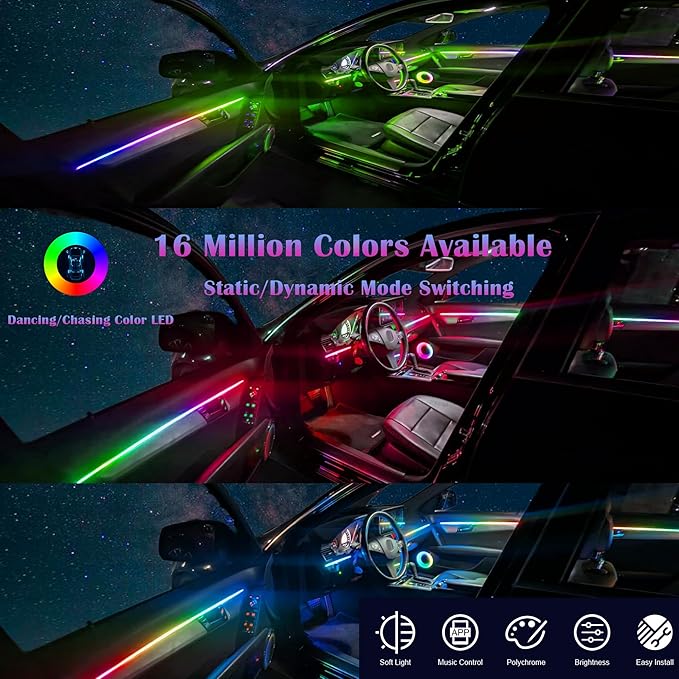 Dreamcolor Acrylic Interior Car LED Strip Light, RGB 10 in 1 Fiber Optic Ambient Lighting Kits, 16 Million Colors Sound Active Function Car Neon Lights with Wireless APP