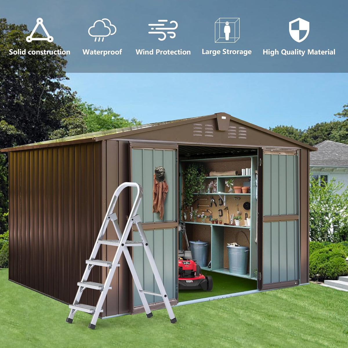 Domi Outdoor 10' x 8' Storage Shed, Metal Steel Utility Tool Shed Storage House with Double Lockable Doors & Air Vents for Backyard Patio Garden Lawn Brown
