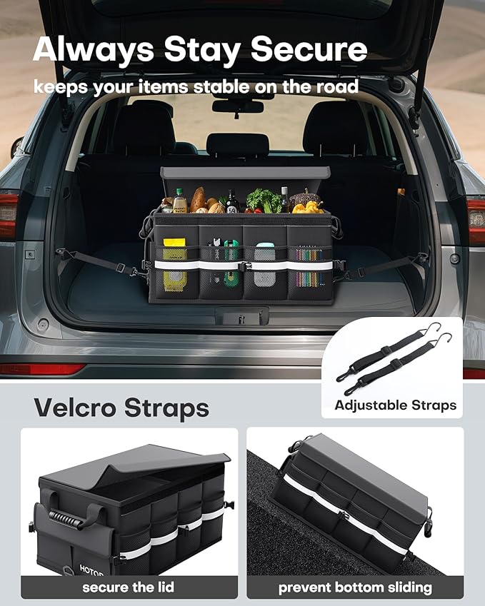 HOTOR Car Trunk Organizer - Foldable Trunk Organizer for SUV, Car Storage with Reflective Strips & Securing Cover, Large Capacity Car Accessories for Truck, Van & Sedan, Black, 22.1" x 12.6" x 11.0"