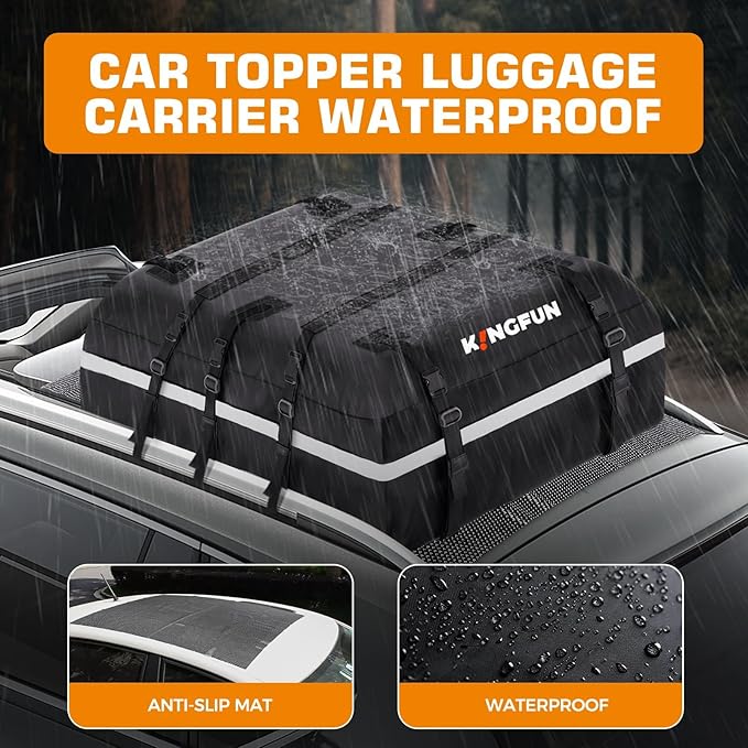 Kingfun Car Rooftop Cargo Carrier – Waterproof 20 Cubic Feet Car Roof Bag Fit All Vehicles with/Without Roof Racks, Includes Anti-Slip Mat, 8 Reinforced Straps & 6 Door Hooks, Luggage Locks（Black）