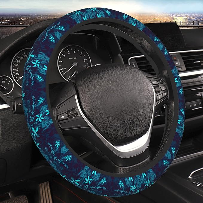 Polynesian Teal Tribal Leaf Floral Car Steering Wheel Cover for Women Men Stretch Cloth Anti-Slip Wrap Protector Case Fit Universal Auto Accessories Decor Sweat Absorption 14-15 Inch