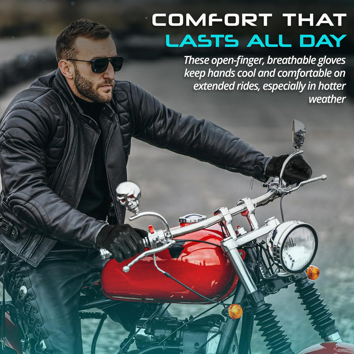 aasportx Motorcycle Gloves - Men's Leather Motorbike Gloves with Touchscreen Function - Non-Slip Pads for Men & Women