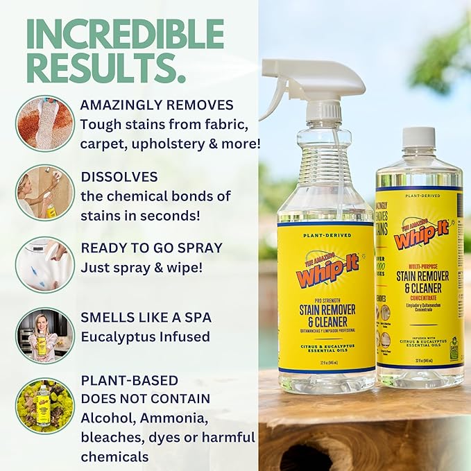 Whip-It All Natural Enzyme Cleaner Stain Fighting Kit - Professional Strength Stain Remover Spray 32oz and Concentrate Multi-Purpose Stain Remover 32oz - Made in the USA