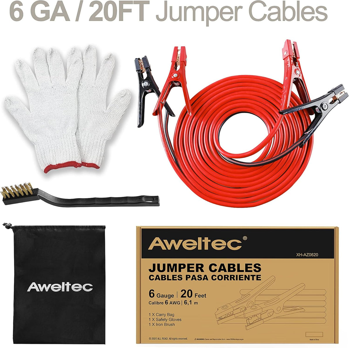 Jumper Cables 6 Gauge 20 Feet Battery Jumper Cables for Car -40℉ to 140℉ - Heavy Duty Booster Cables with Carry Bag, Safety Gloves and Iron Brush (6AWG x 20FT)