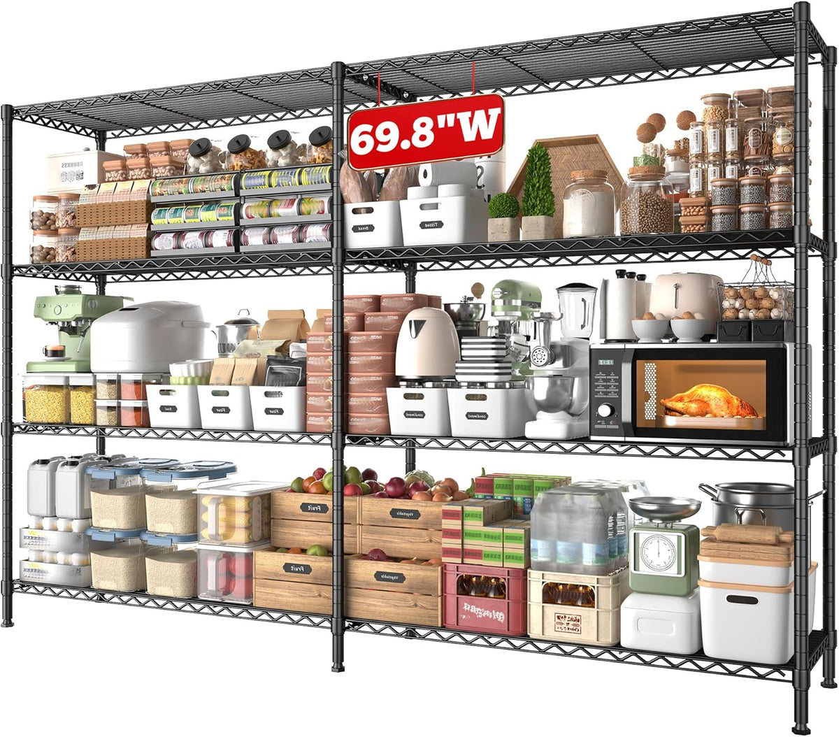 REIBII 69.8" W Storage Shelves 1250LBS Wire Shelving Unit 4 Tier Metal Shelving for Storage Rack Shelves Adjustable Heavy Duty Garage Shelf Pantry Shelves Kitchen Shelving, 69.8"Wx15.8"Dx62.9"H,Black