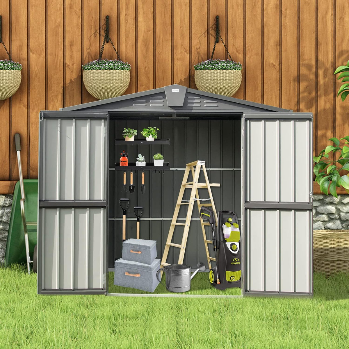 Domi Outdoor Storage Shed 6.5' x 4.2', Metal Waterproof Tool Shed Utility Storage House with Double Lockable Doors & Air Vent for Garden Backyard Patio Lawn