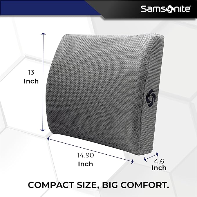 Samsonite Ergonomic Lumbar Pillow for Office Chair and Car Seat - Memory Foam Back Support Lumbar Pillow, Premium Cushion Chair Support for Lower Back Pain Relief and Versatile Use (Grey)