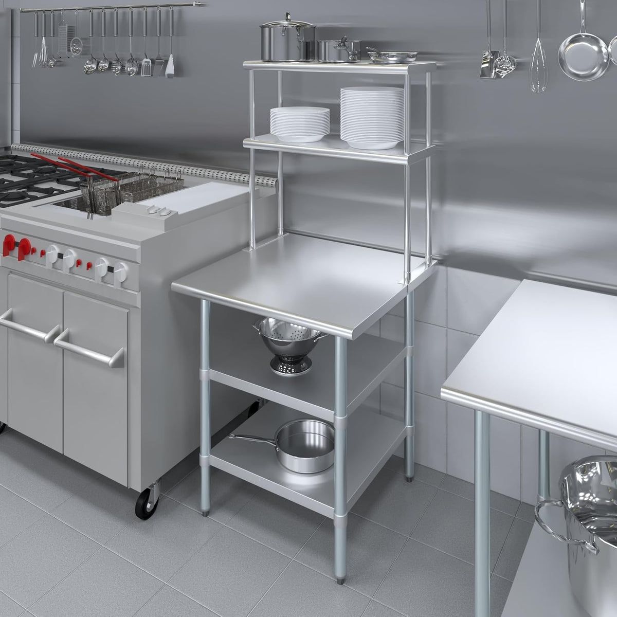 Amgood Stainless Steel Work Table with 2 Shelves | Metal Kitchen Prep Table & Shelving Combo (30" x 30" Table with 2 Shelves + 12" Overshelf)