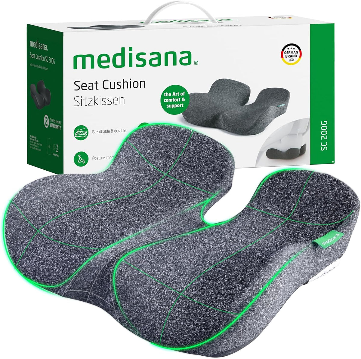 Seat Cushion, SC 200G Seat Cushions for Office Chairs, Car Seat, Wheelchair - Sciatica & Tailbone & Coccyx Pain Relief Pillow for Driver Sedentary People（Size:22.8 * 16.5 * 4.3 in-Grey）