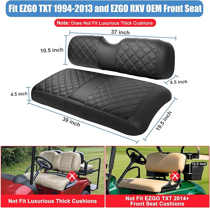 EZGO Seat Cover, Golf Cart Front Seat Cover Fit for EZGO TXT 1994-2013 and EZGO RXV OEM Ordinary Seat Cushion, Concave and Convex Design Appearance, Thick Vinyl Leather Comfortable/Breathable/Anti-Fad