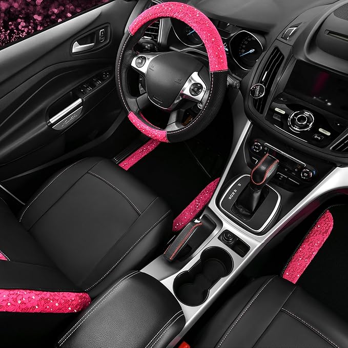 CAR PASS Universal Leather Pink Lace Car Seat Covers Full Set for Women Girls, Waterproof Car Floor Mats Carpet, Steering Wheel Cover for Car Accessories Interior Sets 10PCS Included