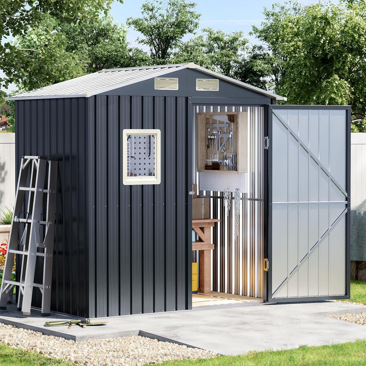 6x4 FT Outdoor Metal Storage Shed, Single Door, 1 Clear Window, Tool Shed for Garden, Patio, Backyard Brown