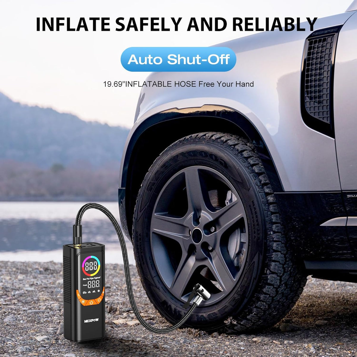 NEXPOW NP17 Portable Air Compressor, 150 PSI Digital Tire Inflator, Fast Inflation with Auto Shut-Off, LED Light, Multiple Nozzles for Car, Bike, and Ball, Compact Design, Orange