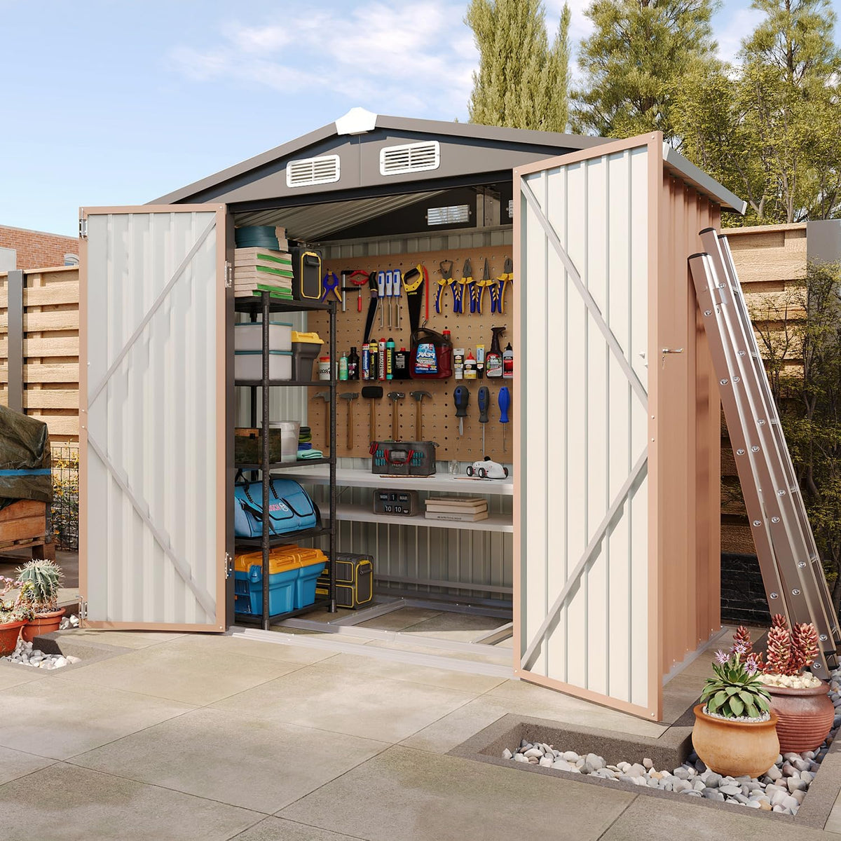Aoxun 6'x4' Outdoor Storage Shed with Base Galvanized Steel Metal Garden Shed for Patio, Lawn & Garden(Brown, 6' x 4'W/Base)