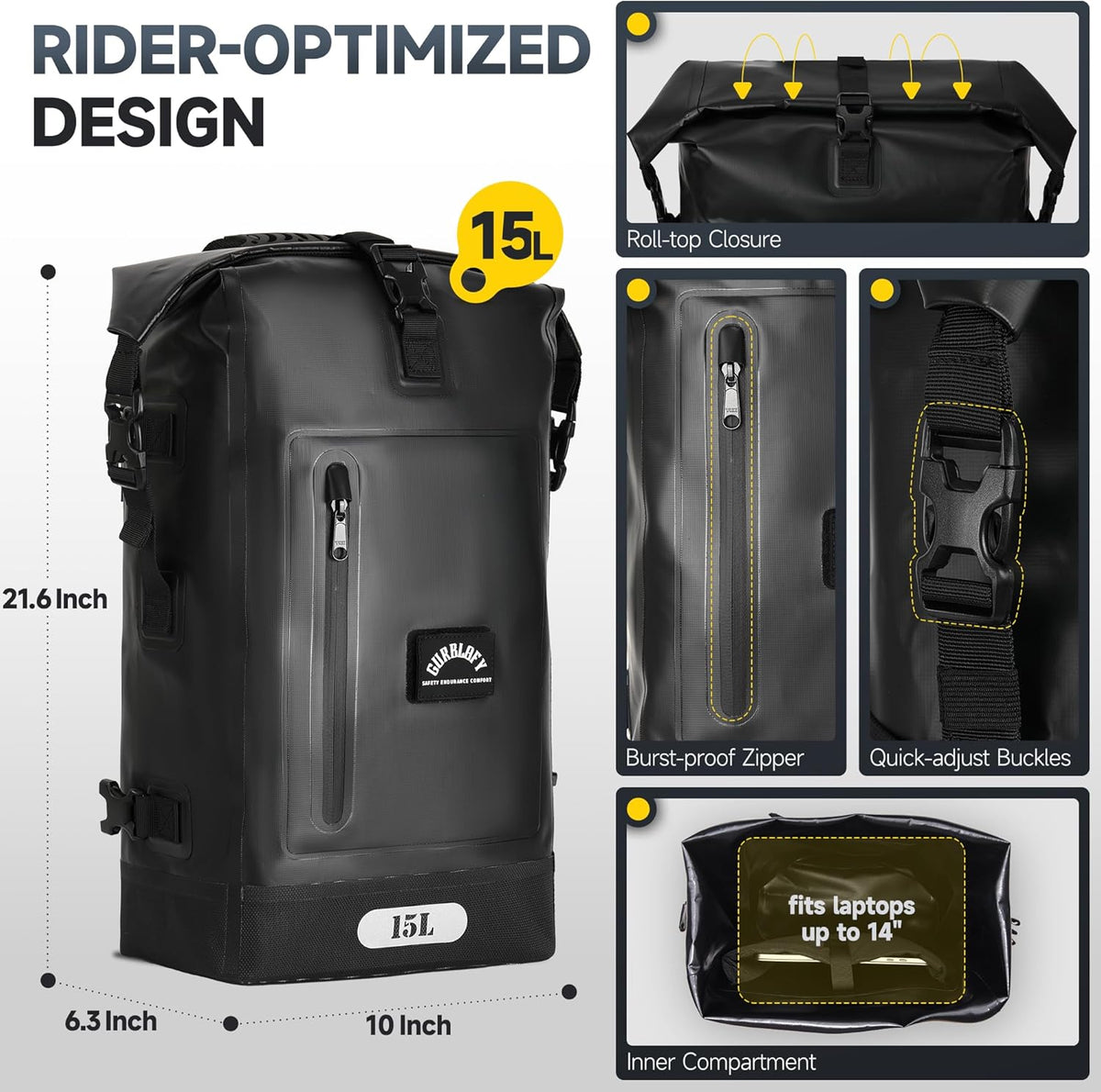 Motorcycle Tail Bag, 15L Waterproof Motorcycle Saddle Bag, 2 Size and 3 Color Options Travel Bag, PVC Luggage Bag, Rear Seat Bag, Classic Black GT-15BL