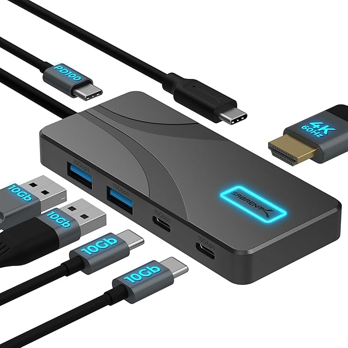 SABRENT USB C Hub 5-in-1 Docking Station, 10Gbps USB-A & USB-C Ports, 4K HDMI Output, 100W PD Input, 80W Charging, Aluminum USB Hub for Laptops/Phones/Tablets – HDR/HDCP (HB-TG5P)