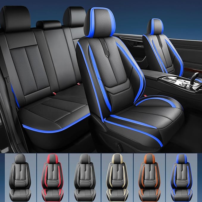 Fit Tucson Car Seat Covers for Hyundai Tucson 2010-2024 2025 2026 -Upgraded Premium Waterproof & Breathable Leather,Airbag Compatible,All-Weather Seat Cushion Protector,2 Front/Black-Blue