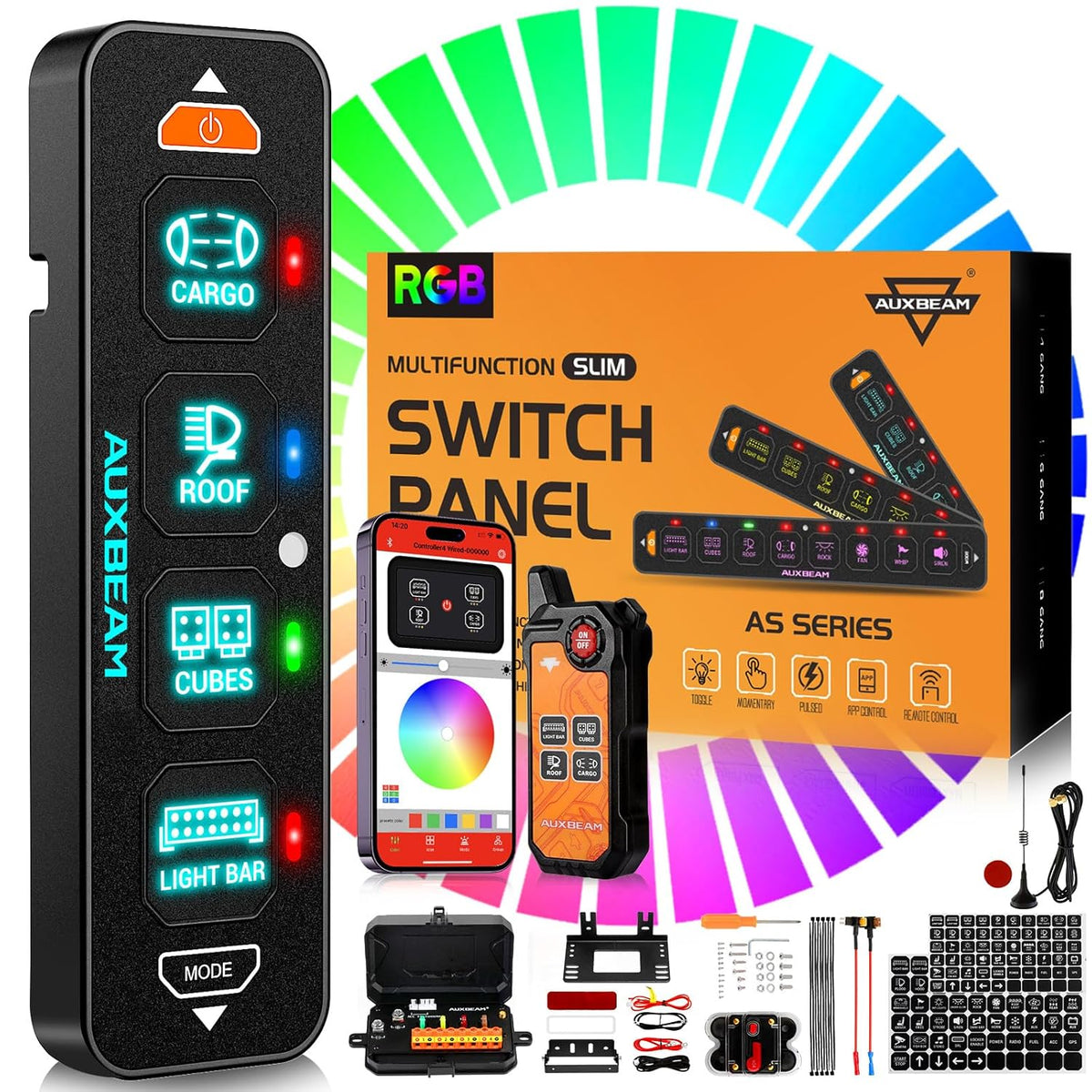 Auxbeam 4 Gang Slim Switch Panel Bluetooth RGB AS-400 with APP&Remote Control Toggle Momentary Pulsed Switch Pod Off Backlight for Truck Offroad UTV ATV Car Marine 12-24V Waterproof, 2 Years Warranty