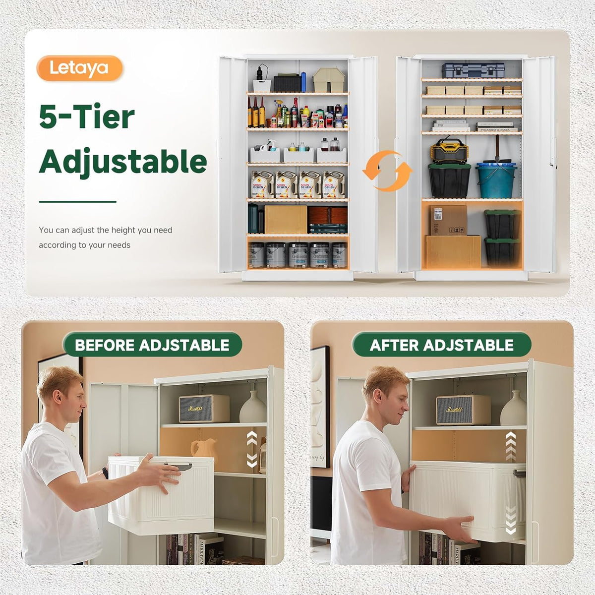 Letaya Metal Storage Cabinets with Lock Door,Steel Locker Garage Cabinets 5 Adjustable Shelves for Home,Office, Warehouse(White)