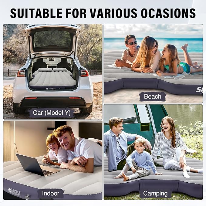 Self-Inflating Car Air Mattress for Tesla Model Y 2025 2024-2020/Model Y Juniper Outdoor Camping Air Bed with 2 Pillows Built-in Pump Air Couch Mat Flocking Air Cushion Model Y Accessories(Beige&Blue)