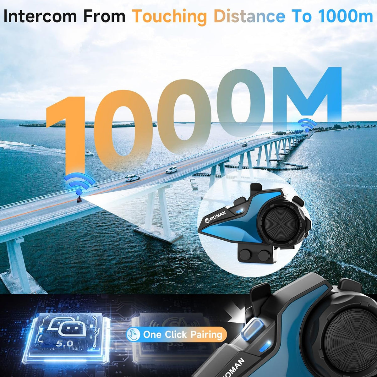 Moman Motorcycle Intercom, H2E Eagle-Like Helmet Headset Communication System with Dual Chip for Audio Multitasking HiFi/Music Sharing/FM/AI Voice (1Pack), Motorcycle-Intercom-Helmet-Headset-Headphone