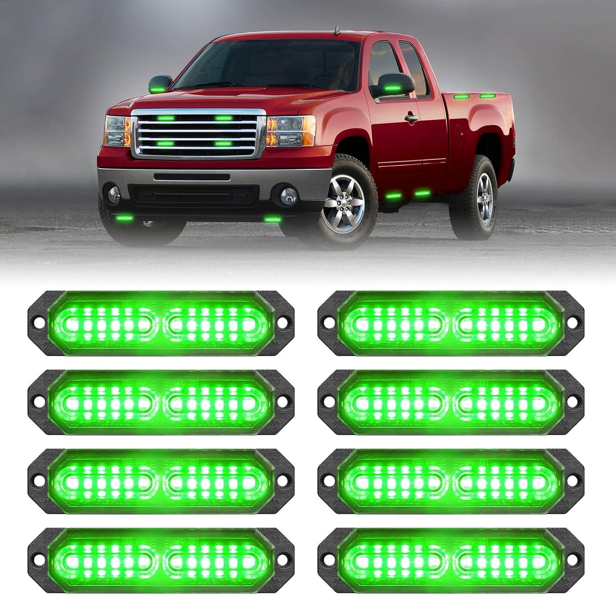 HLauto 1200T Emergency Strobe Grille Lights: 8pcs 12 LED Sync Feature Safety Warning Flashing Lights, Ultra Slim Surface Mount Hazard Caution Lights for Trucks, Vehicles, Car, ATV, UTV (Green)