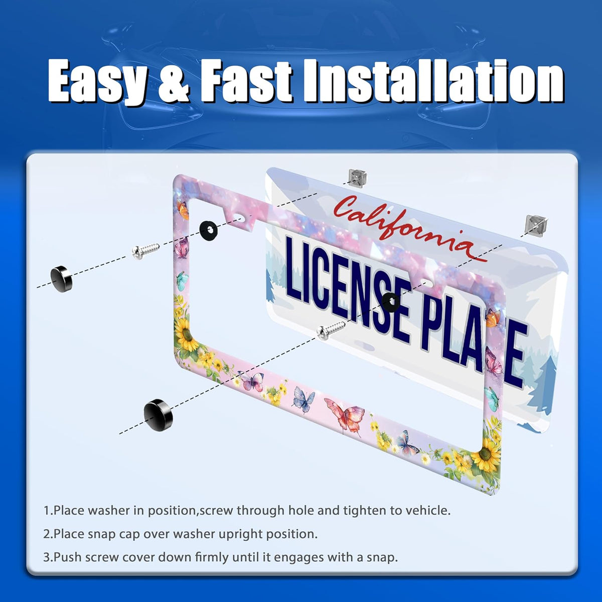Beautiful Butterfly Sunflower License Plate Frame Yellow Floral License Plate Stainless Steel Funny License Plate Holder for Men Women Colorful Car Accessories Decoration 12.3" x 6.3"