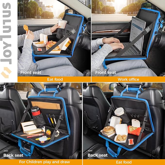 JOYTUTUS 3 in 1 Steering Wheel Eating Tray (Blue), Car Back Seat Laptop Desk, Multifunctional Office Bag Car Work Table for Writing, Car Organizer for Kids, Commuters, Family