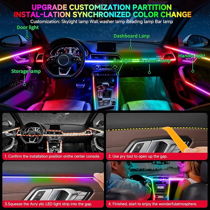 Interior Car LED Strip Lights, Acrylic LEDs Lights for Car with Dynamic Dreamcolor Chasing, Ambient Lighting Kits Music Sync Wireless APP and RF Remote Control (55.12inch*2)