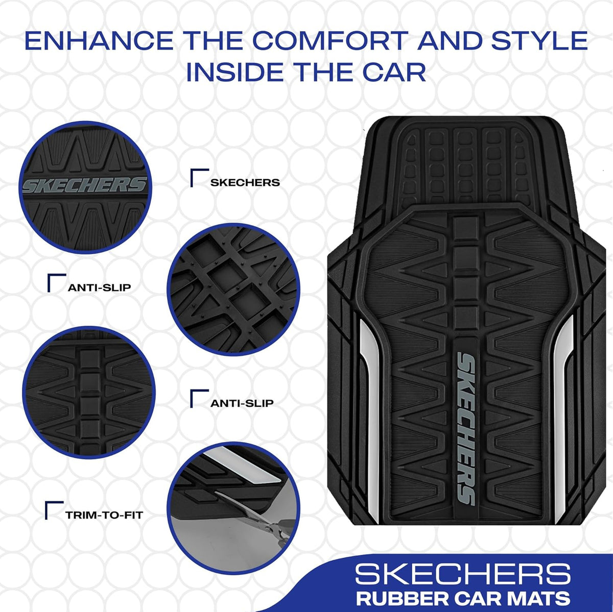 Skechers Heavy Duty Rubber Car Mats Full Set, All Weather Floor Mats, Waterproof Trim to Fit Universal Floor Liner, Automotive Floor Mats for Cars Trucks SUV, Sliver
