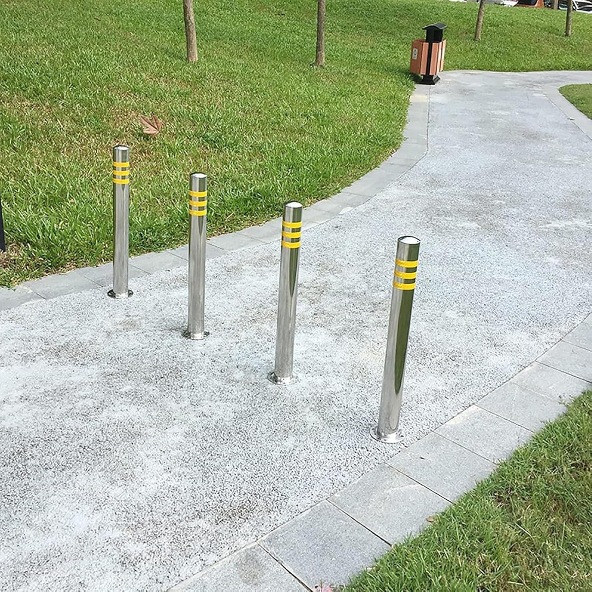 Stainless Steel Parking Bollards for Driveway, Industrial Safety Bollards Reflective Channelizer Post, Parking Barrier, Sturdy and Durable, Easy to Install, for Crowd Control(Silver (4pcs),7.6*60cm/3*