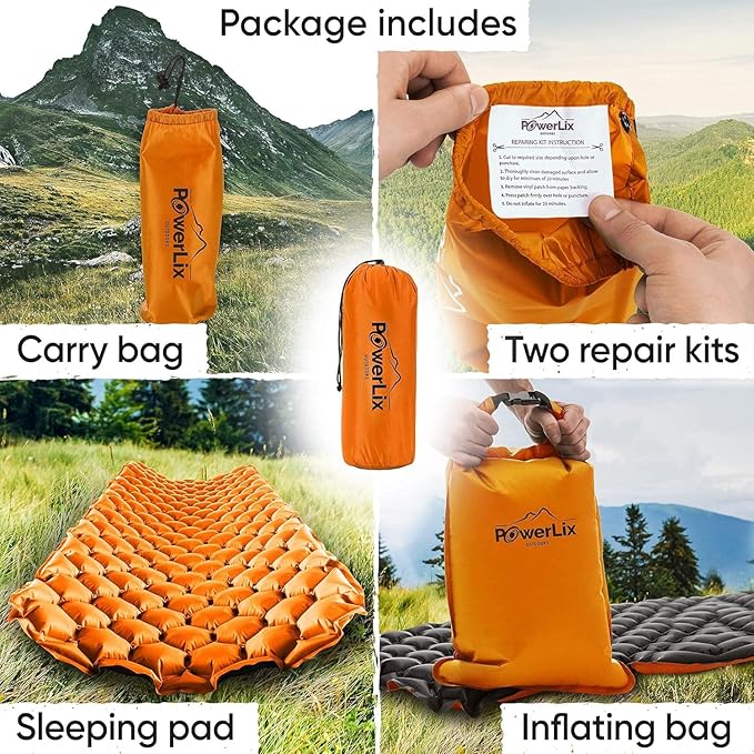 POWERLIX Ultralight Inflatable Camping Sleeping Pad - Camping Mattress for Backpacking, Hiking, Compact Lightweight Sleeping Mat for Camping, Inflation Bag/Repair Kit Included