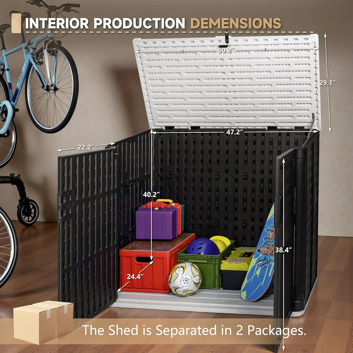 Devoko Resin Outdoor Storage Shed, 34 Cu Ft Outdoor Storage Cabinet Without Shelf, Waterproof, Double Locks, Resin Storage for Trash Can, Garden Tools, Pool Supplies (Black)